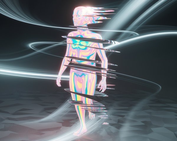 Futuristic Translucent Figure with Light Trails
