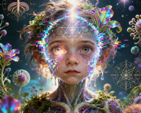 Close-up of a child in an otherworldly garden setting