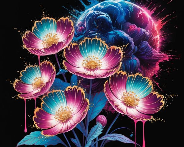 Vibrant Flowers with Iridescent Petals in Cosmic Setting