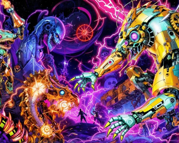 Futuristic Battle of Robots and Mechanical Dragons
