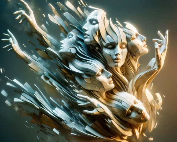 Abstract Sculpture of Intertwined Faces and Hair