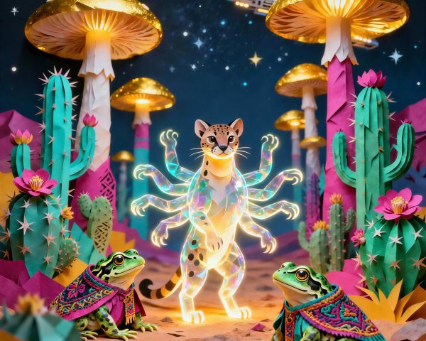 Whimsical Desert Scene with Geometric Jaguar and Frogs
