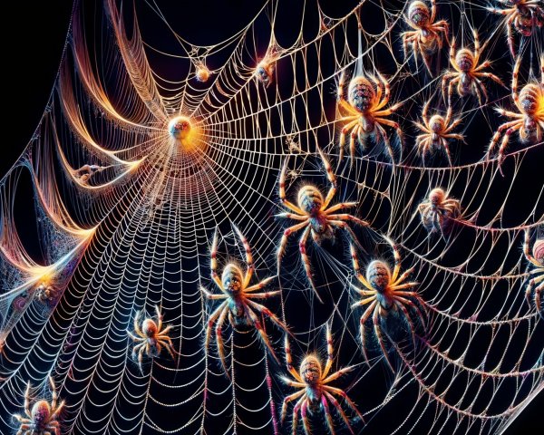 Surreal Spider Web with Vibrant, Colorful Spiders