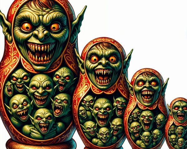 Intricately Designed Nesting Dolls with Sinister Creatures
