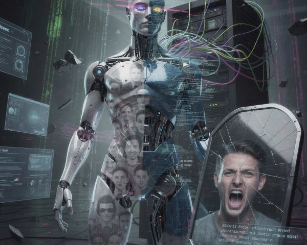 Surrealist Digital Artwork of a Cyborg in Data Center