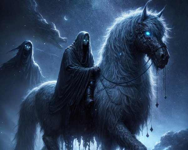 Spectral Figure on Icy Horse in Ethereal Landscape
