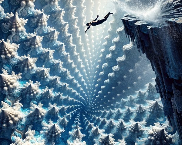 Surreal Fractal Landscape with Spiraling Trees and Waves