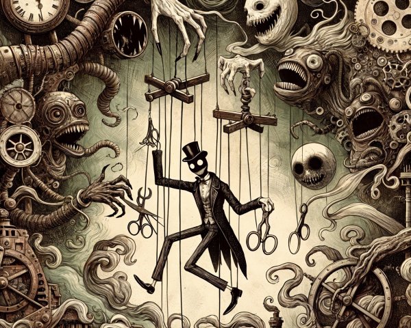 Sinister Puppet Master Manipulating Marionettes in Darkness