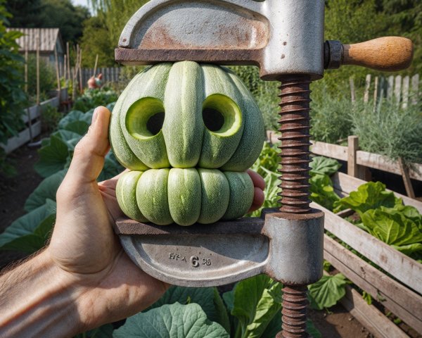 Vintage Clamp Pressing Green Pumpkins in Garden Setting