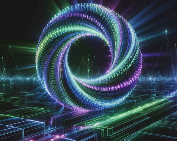 Glowing Binary Sphere Above Digital Circuit Landscape
