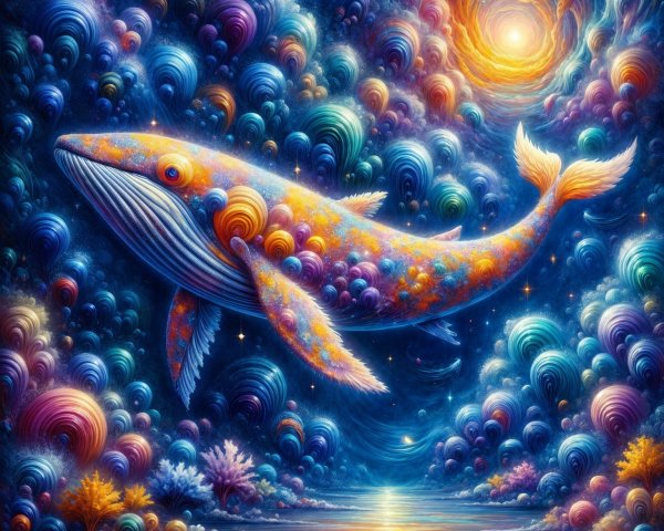 Cosmic Whale in a Kaleidoscopic Celestial Landscape
