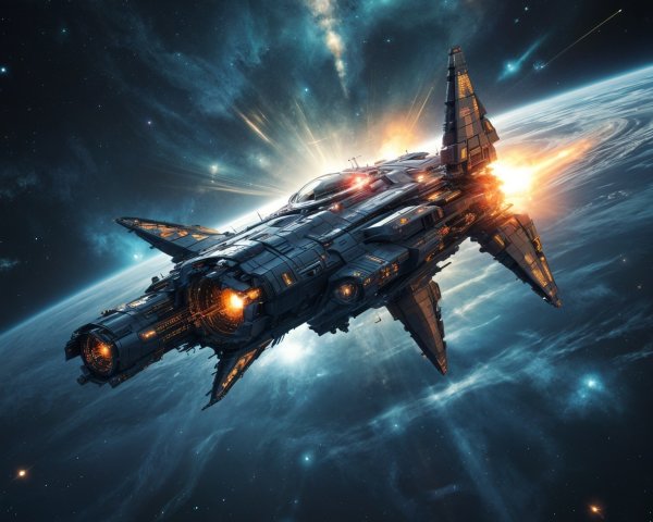 Futuristic spaceship racing through a starry cosmos