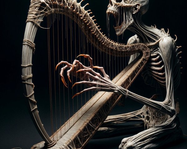 Skeletal Figure Playing an Eerie Harp in Darkness