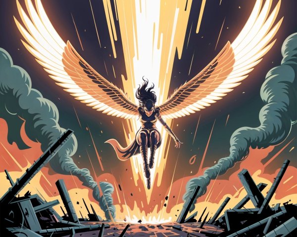 Majestic Winged Figure in Fiery Destruction Scene