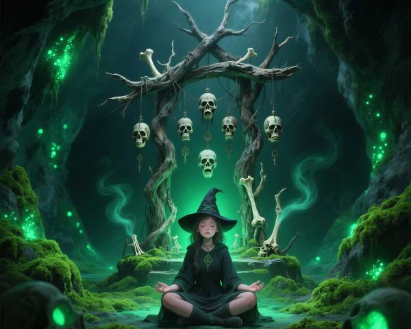 Young witch meditating in a dark green cave scene