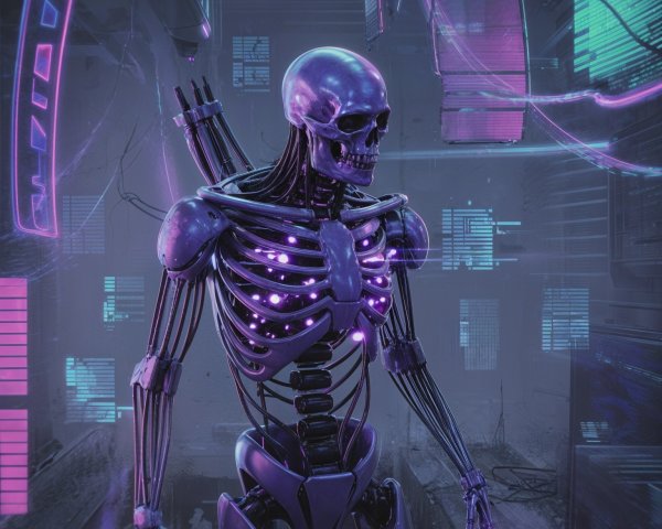 Futuristic Skeleton in Neon Cyberpunk Cityscape