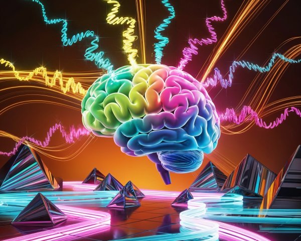 Surreal Brain Surrounded by Neon Lines and Shapes