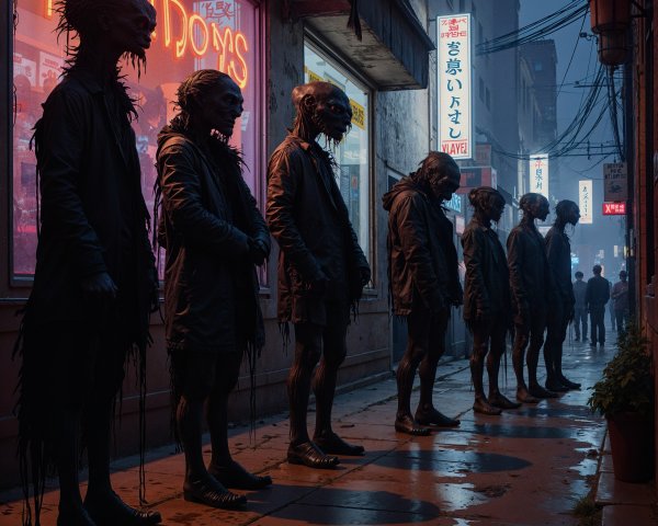 Neon Alleyway with Shadowy Figures and Foggy Atmosphere