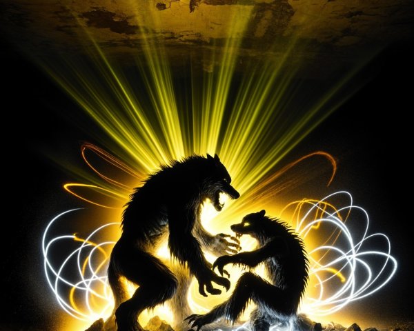 Stylized Bears Confront in Dramatic Light and Reflection