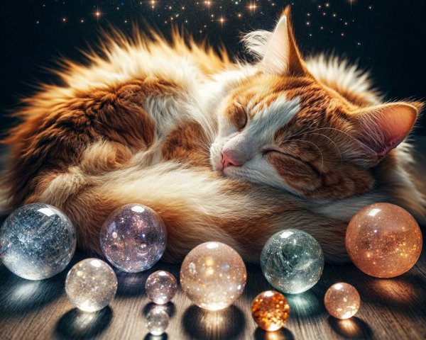 Ginger Cat Surrounded by Shimmering Glass Orbs