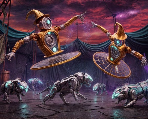 Whimsical Robots and Futuristic Panthers in Circus Setting