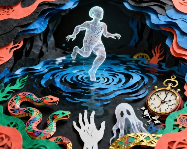 Papercraft of an ethereal figure in blue water cave