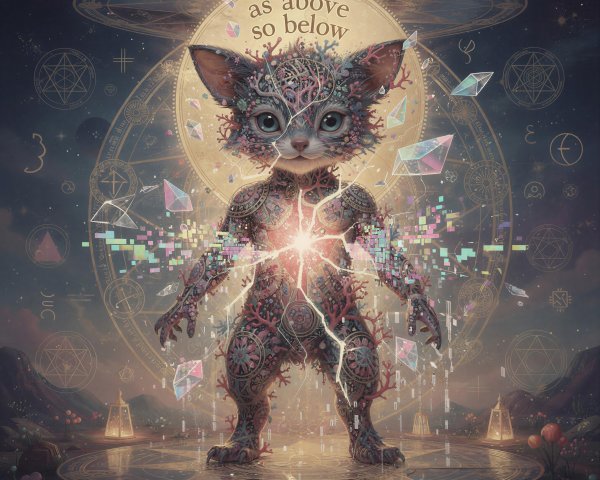 Mystical Cat Creature in Vibrant Otherworldly Landscape