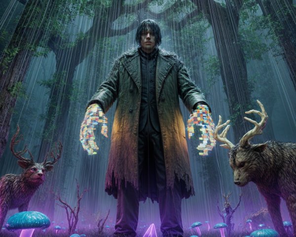 Mysterious Figure in Enchanted Forest with Ethereal Elements