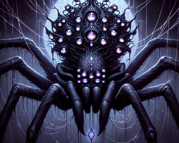 Ethereal spider with jewel patterns against crescent moon