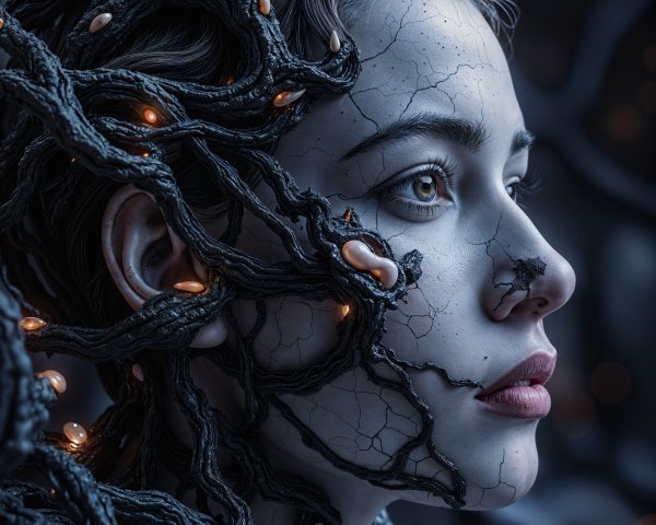 Surreal Portrait of a Female Figure with Vines and Orbs