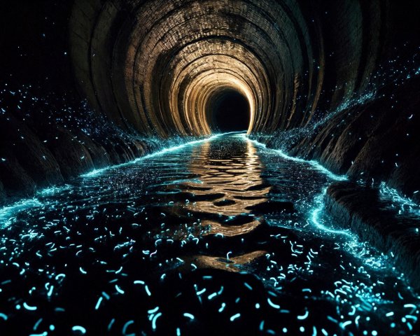 Dark Tunnel with Glowing Blue River and Luminous Particles