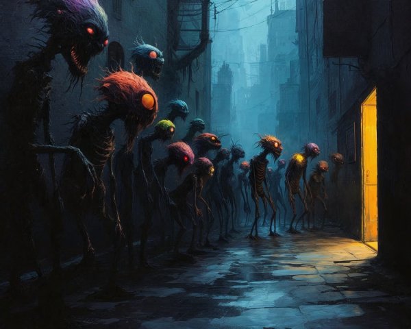 Eerie Figures with Glowing Eyes in Dim Alley