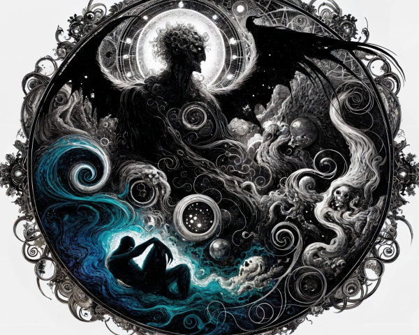 Celestial Figure and Ethereal Faces in Ocean Waves