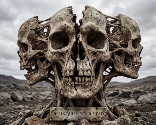 Sculpture of Decayed Skulls in Rocky Wasteland