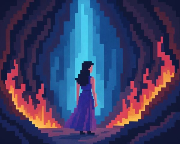 Pixel Art Scene of Figure at Cave Edge with Flames
