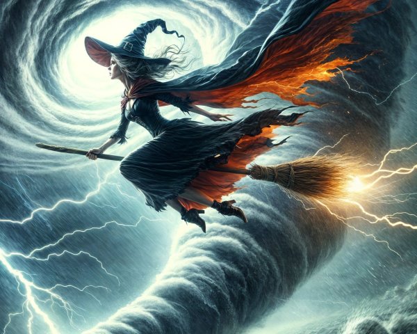 Witch Flying Through Stormy Sky on Broomstick