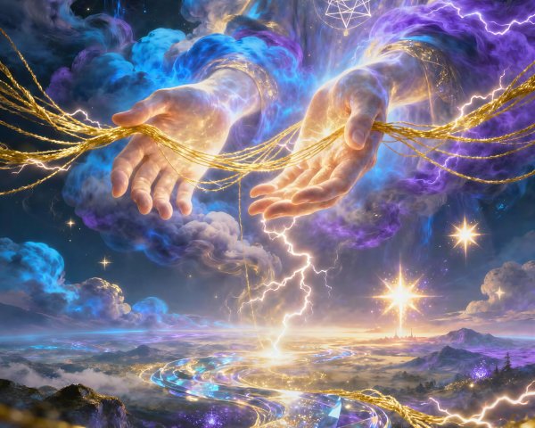 Divine Hands with Golden Thread Above Majestic Landscape