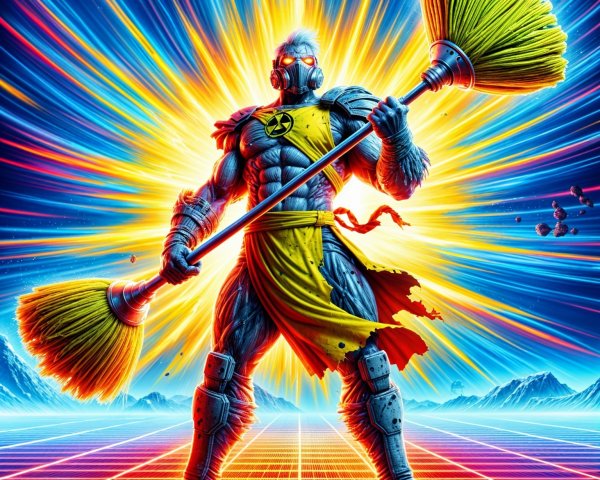 Muscular Figure with Broom in Retro-Futuristic Setting