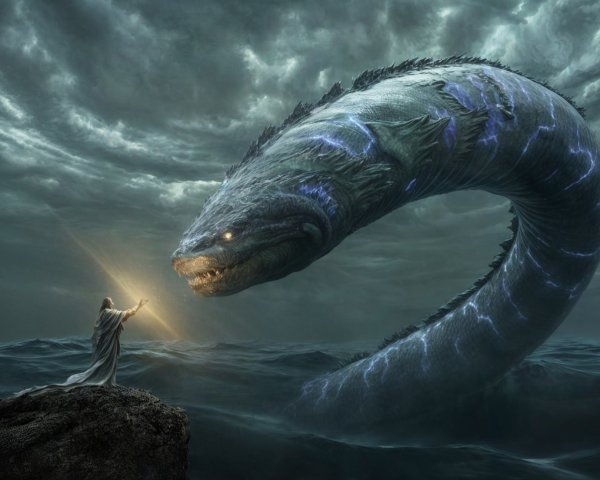 Colossal serpent emerges from turbulent sea waters