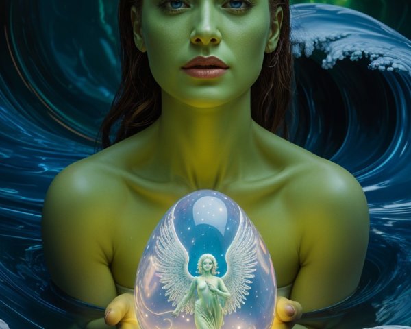 Serene figure with glowing egg amidst ocean waves