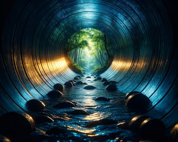 Illuminated Metallic Tunnel with Water and Greenery