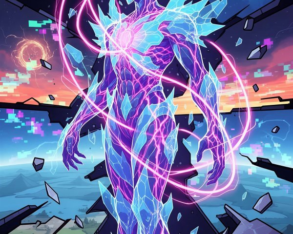 Neon Crystalline Being in a Fractured Landscape