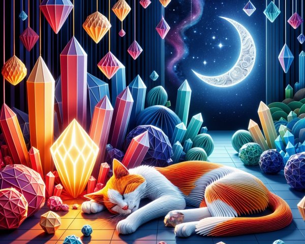 Surreal Landscape with Sleeping Cat and Crystal Structures