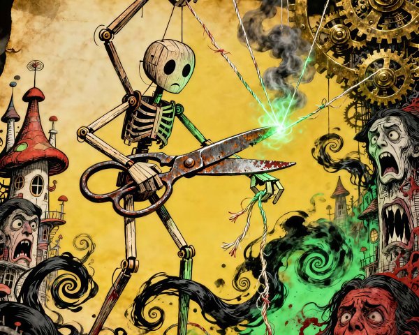 Wooden Puppet Cutting Strings with Green Energy Effects