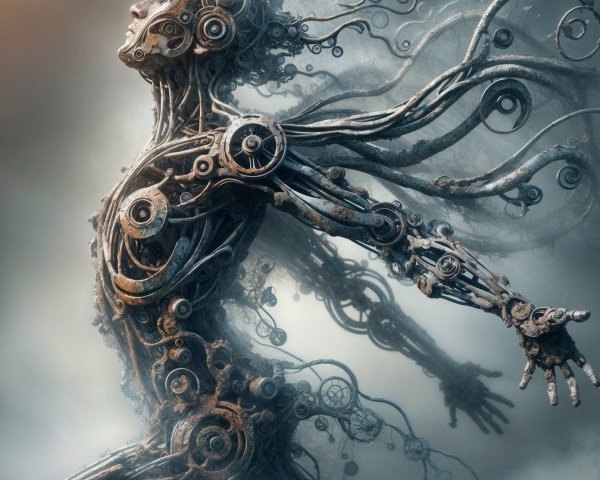 Surreal Humanoid Figure with Metallic Parts and Gears