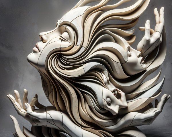 Intricate Wooden Sculpture of Flowing Faces and Hands