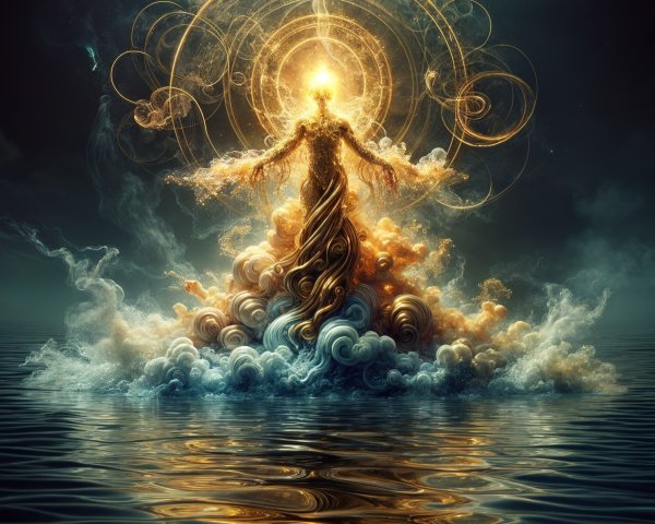 Radiant figure in golden clouds with tranquil waters
