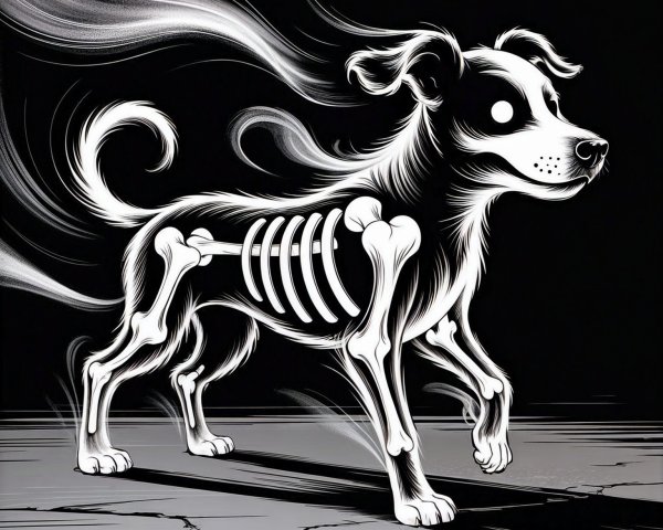 Cartoon Dog with Exposed Skeleton on Black Background