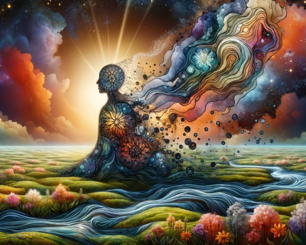 Surreal Landscape with Floral Figure and Cosmic Elements