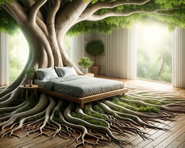 Spacious room with bed integrated into a large tree